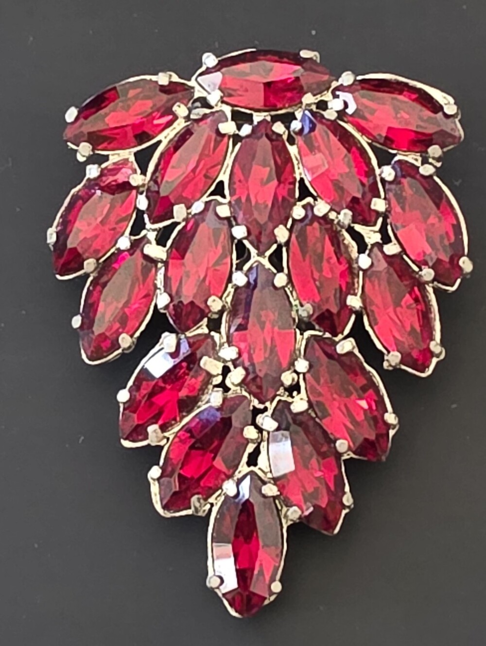 Vintage Pot Metal Dress Clip Red Leaf Spray Marquise Rhinestone 2.5"